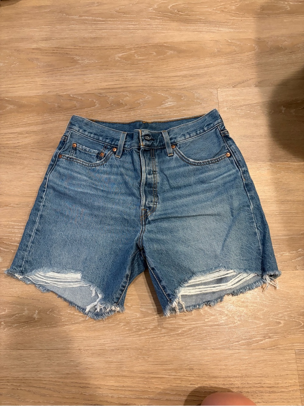 Levi's Light Blue Distressed High-Rise Denim Shorts